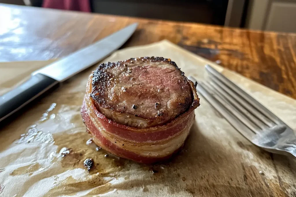 A perfectly cooked bacon-wrapped meat fillet sits on a piece of parchment paper next to a knife and fork.