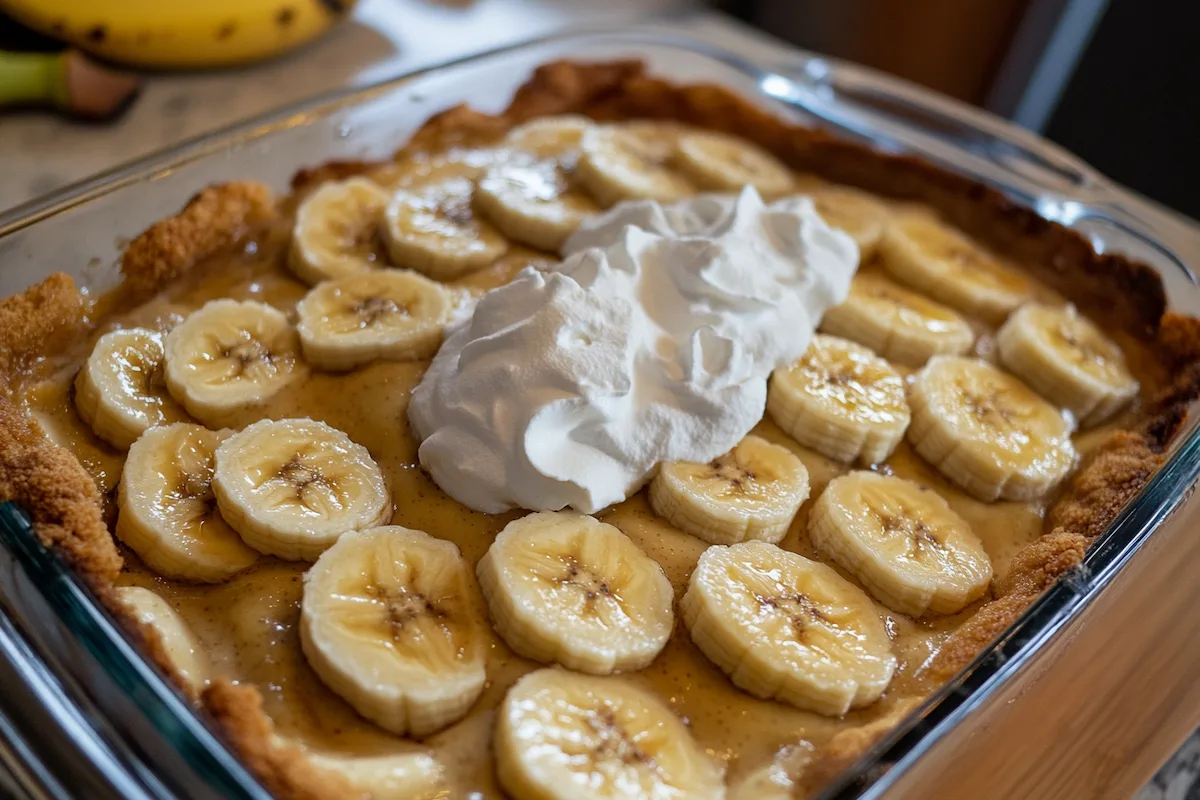 A layered banana dessert with slices of banana and whipped cream on top.