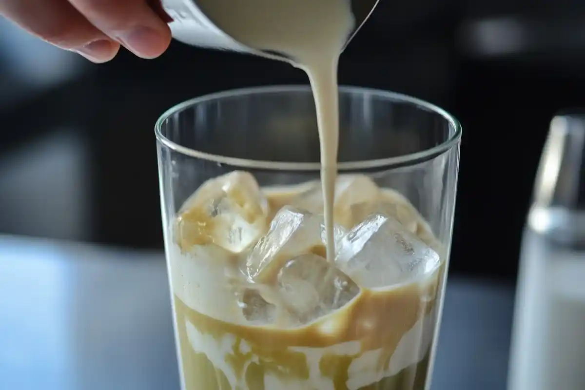 Iced matcha latte preparation