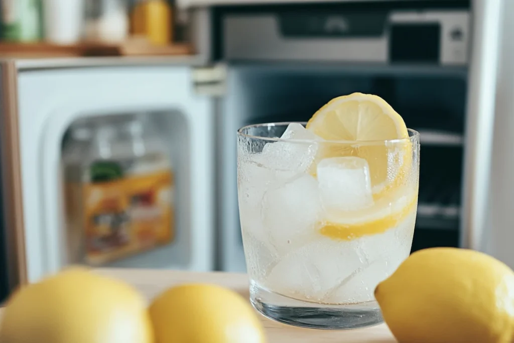 A refreshing glass of ice water with lemon slices sits on a wooden countertop, with a refrigerator in the background.