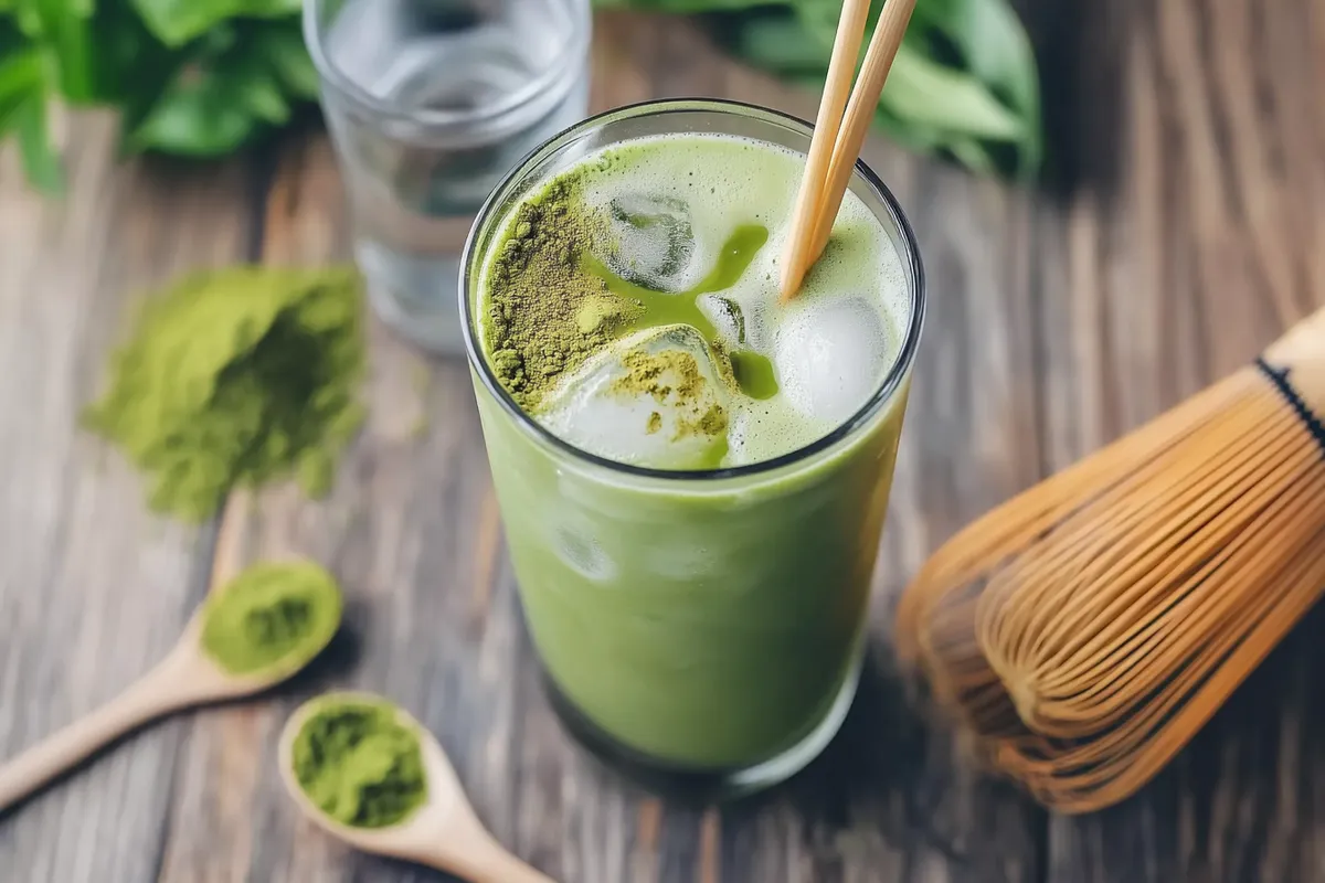 A glass of iced matcha green tea with ice cubes and decorative bamboo whisk nearby.