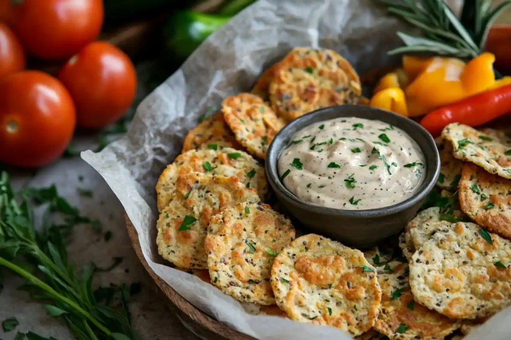 A bowl of dipping sauce surrounded by crispy flatbreads and fresh vegetables.