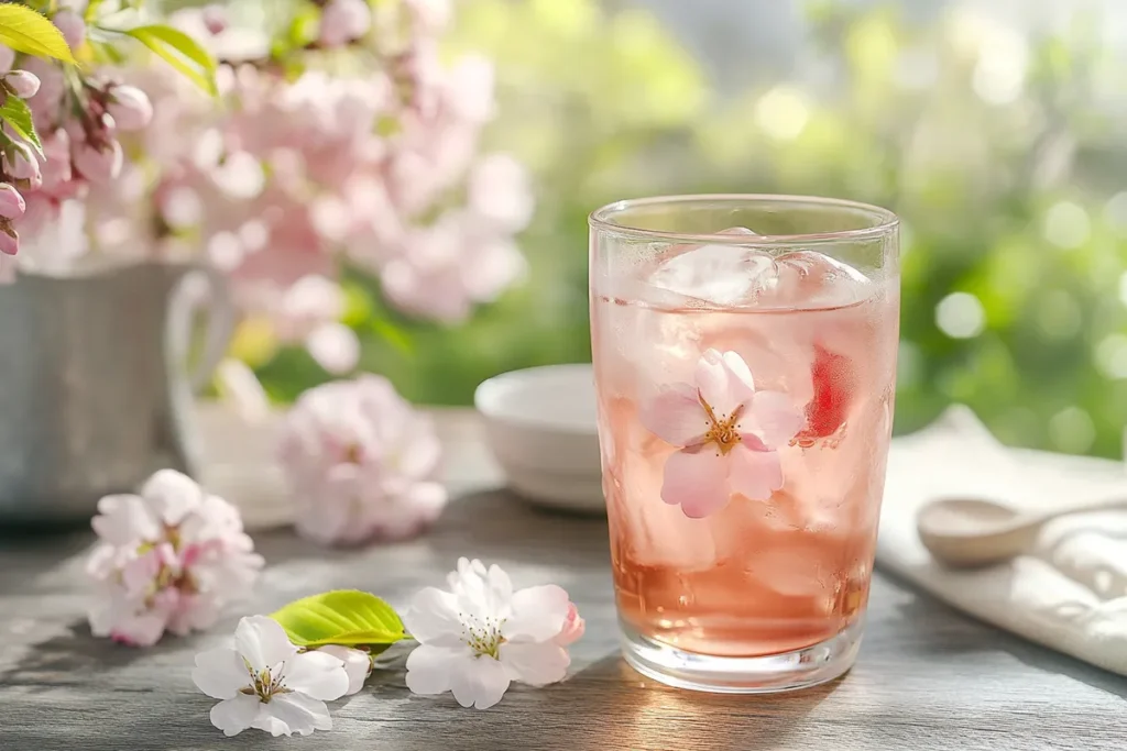 Cherry blossom iced tea in a serene spring setting