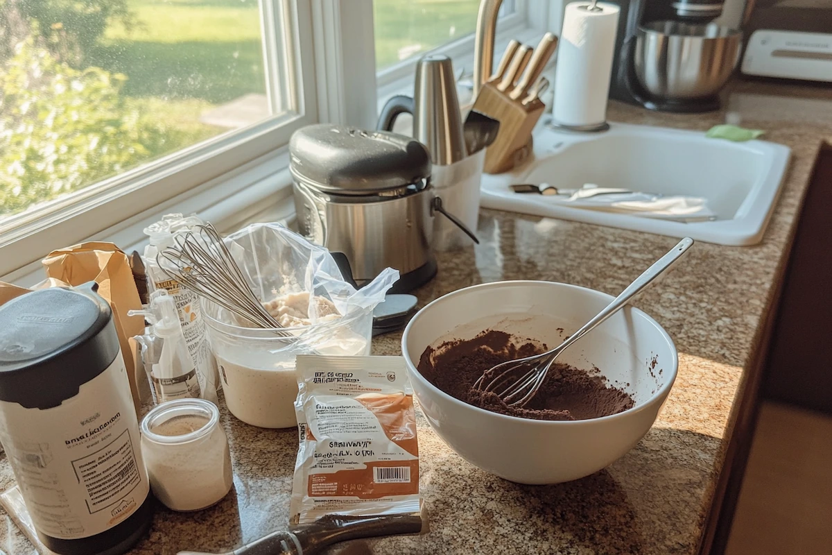 A messy kitchen counter with baking ingredients and a bowl of chocolate mixture.