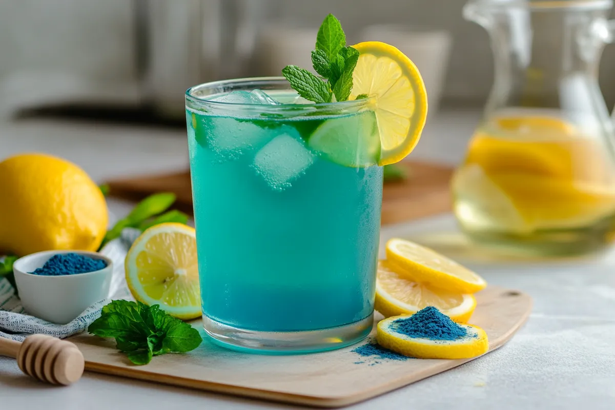 A vibrant blue drink garnished with lemon and mint sits beside fresh lemons and blue powder on a wooden board.