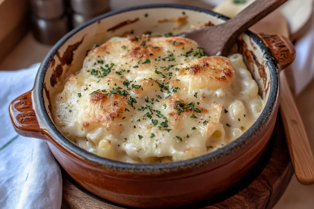 A baked mac and cheese dish topped with golden cheese and herbs in a brown ceramic casserole dish.