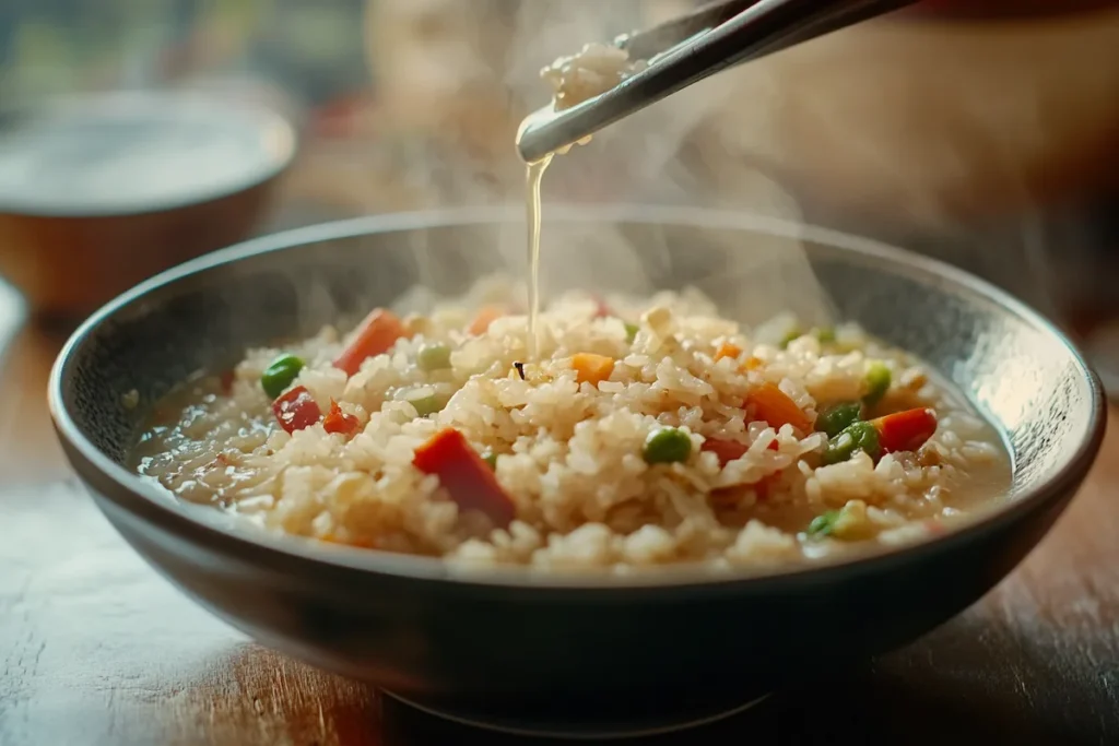 A close-up of a bowl of steaming fried rice being served with chopsticks.