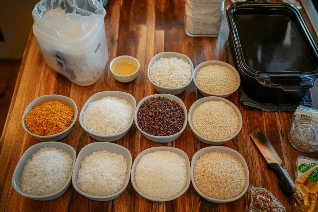 A variety of rice types arranged in bowls on a wooden table, with a cooking pot and a knife nearby.