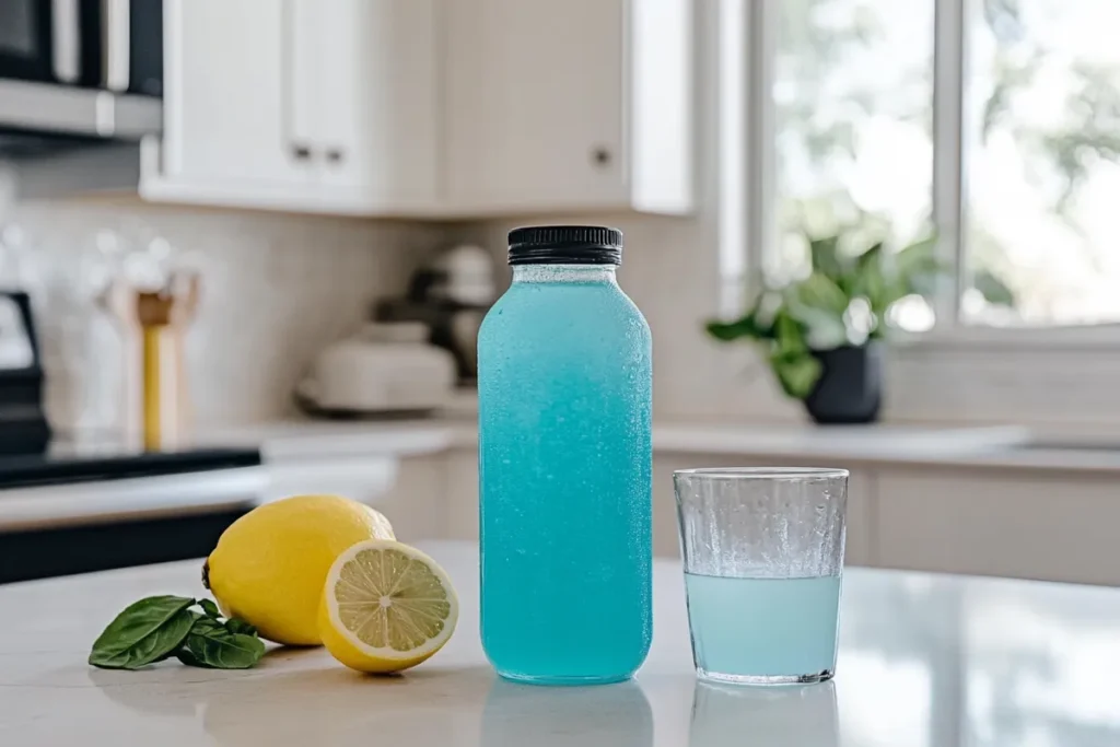 A bottle of blue drink beside a lemon and a glass of the same drink on a kitchen countertop.