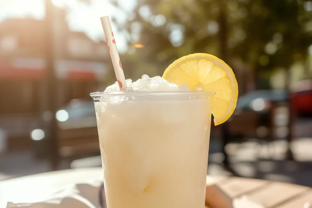 A refreshing frozen lemonade drink with a lemon slice and a striped straw against a sunny backdrop.