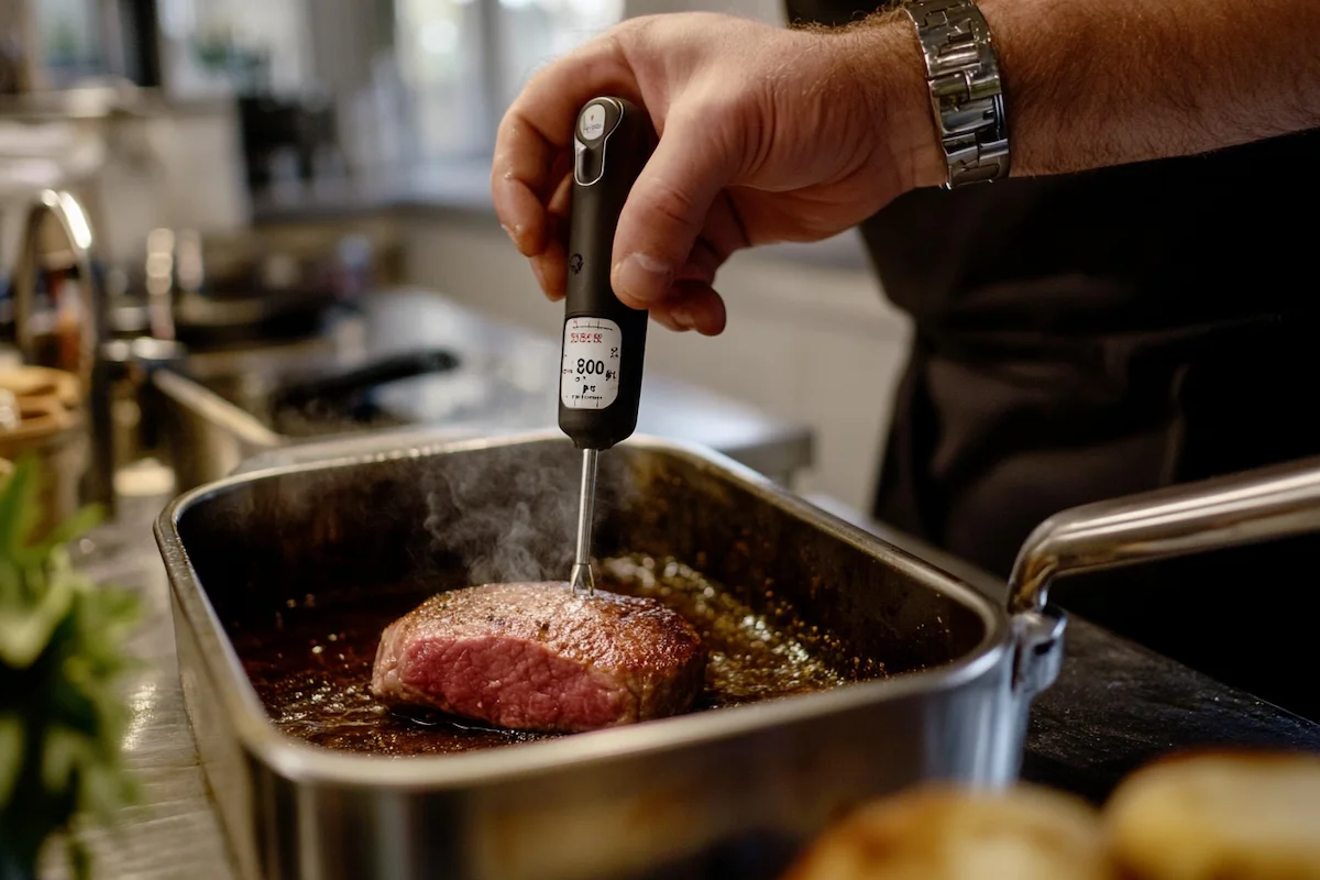 A chef uses a digital meat thermometer on a steak cooking in a pan.