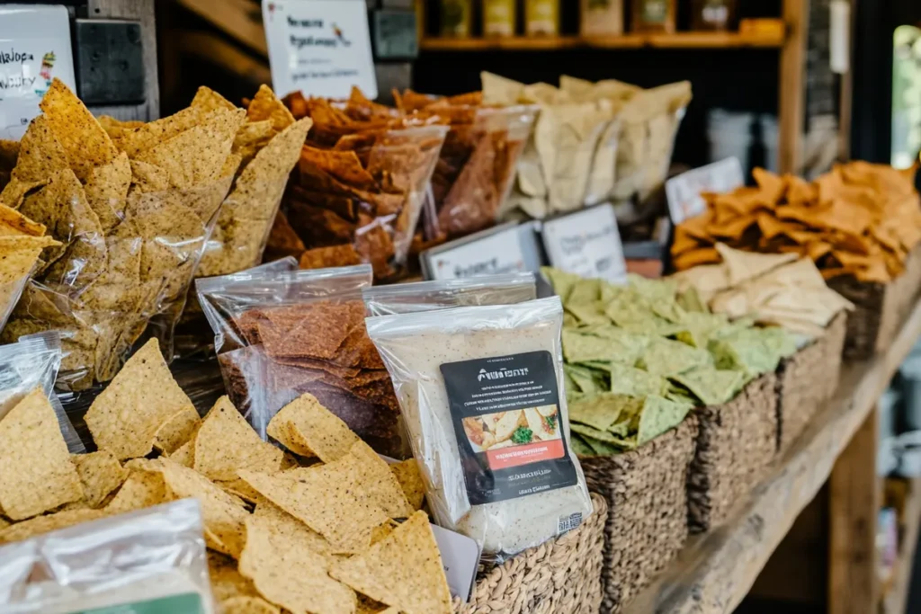 A variety of colorful tortilla chips arranged in baskets and bags at a marketplace.