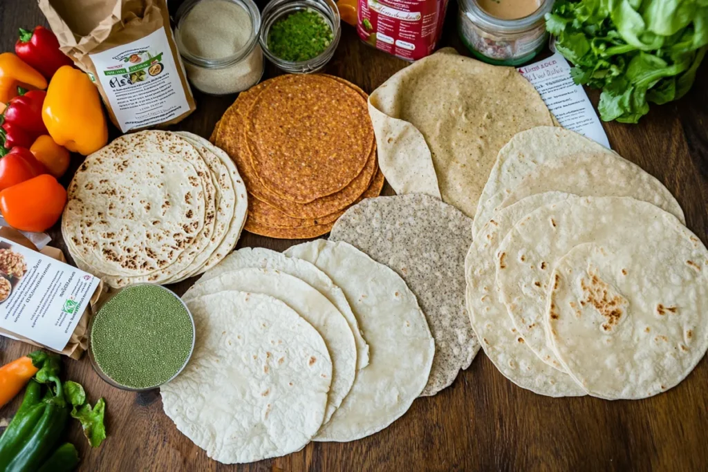 A variety of tortillas and ingredients are arranged on a wooden surface.