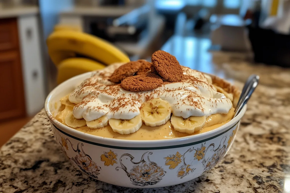 A colorful bowl filled with banana pudding topped with whipped cream and cookies.