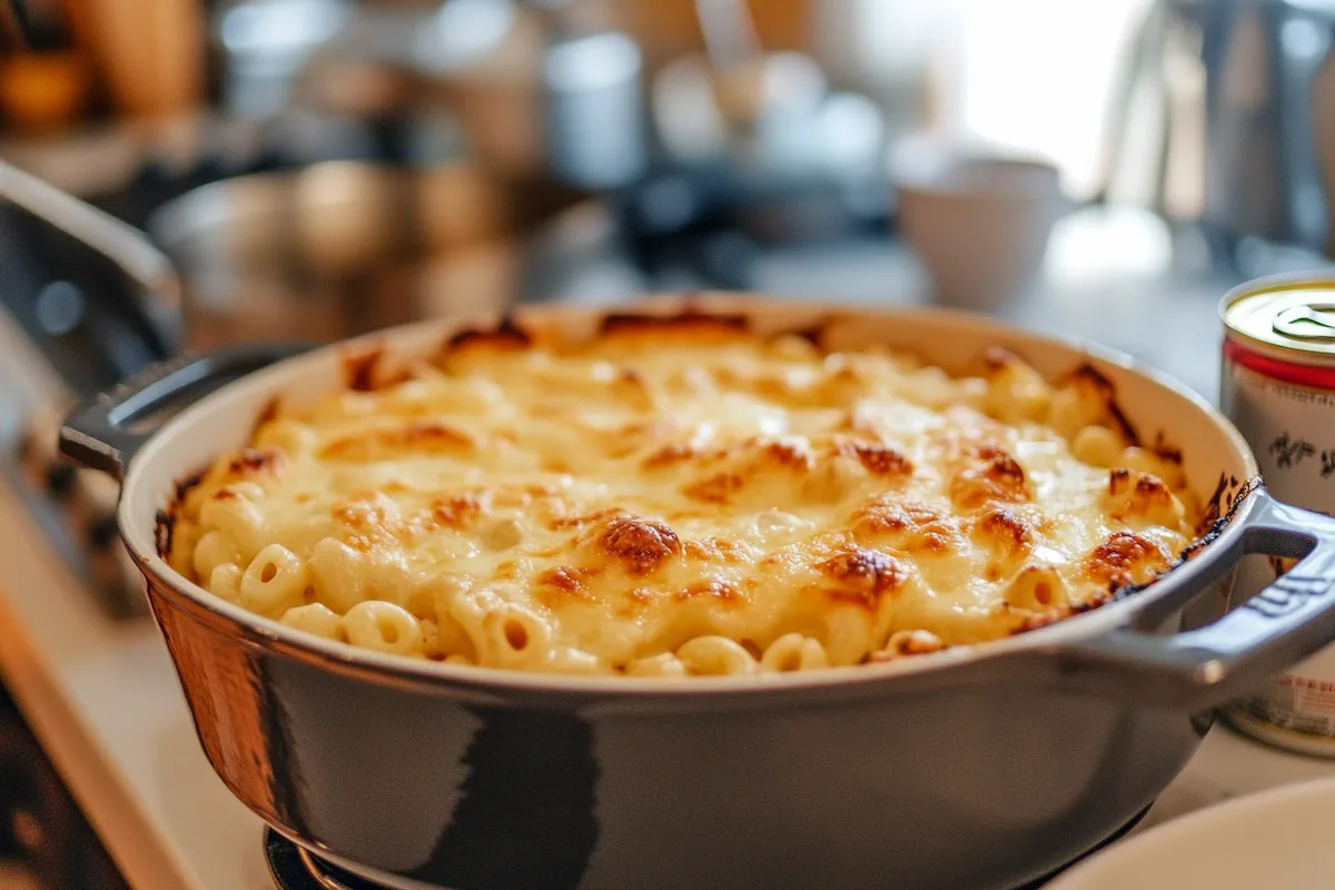 A creamy baked macaroni and cheese in a round dish on a stove.