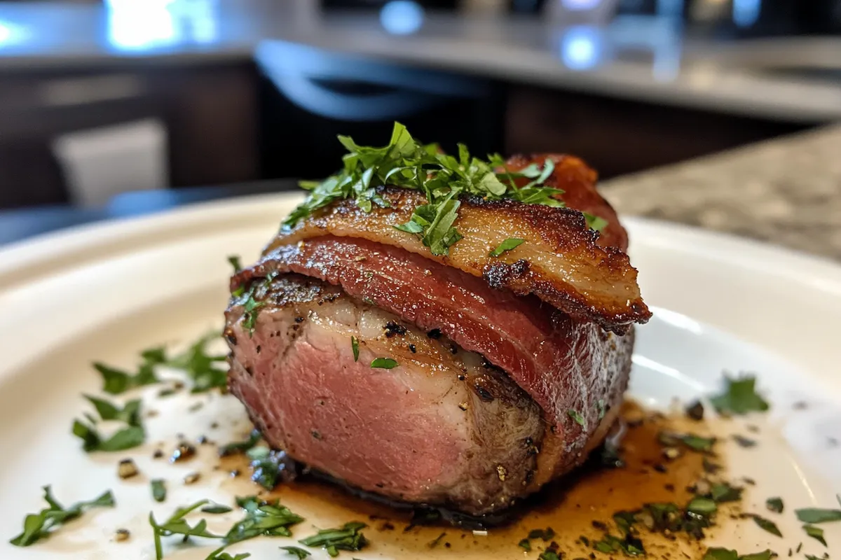 A perfectly cooked meat dish wrapped in bacon and topped with fresh herbs on a plate.