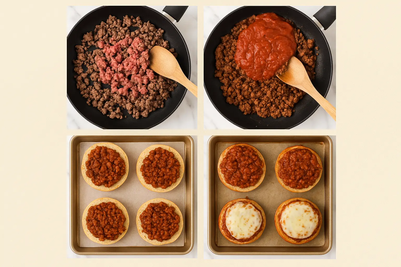 Step-by-step process of making Old School Pizza Burgers: browning ground beef, adding marinara sauce, topping hamburger buns with meat sauce, and baking with melted cheese.