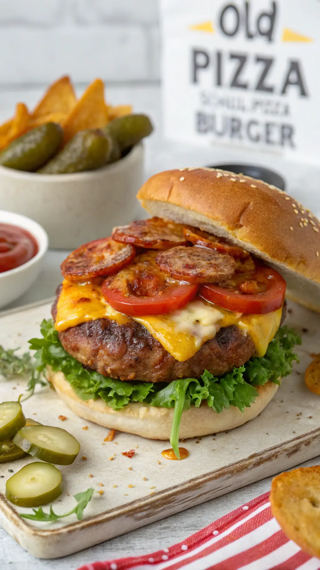 Juicy Old School Pizza Burger topped with melted cheese, pepperoni slices, fresh tomato, and crisp lettuce on a sesame bun, served with pickles and chips.