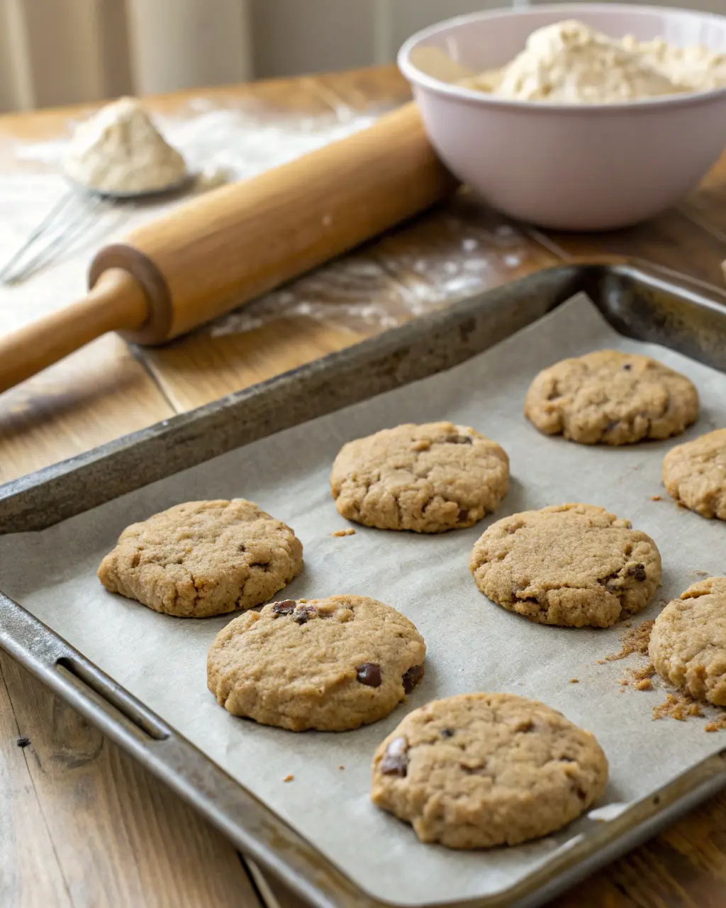 Freshly baked cookies on a tray showing signs of overmixed dough with uneven texture and spread.