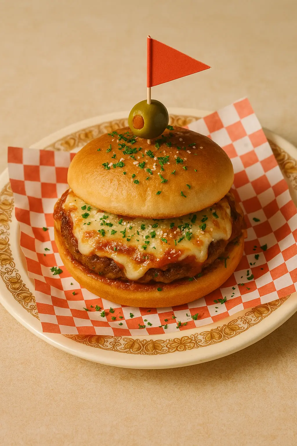 Perfectly presented Old School Pizza Burger garnished with chopped herbs and topped with an olive and flag pick on a vintage plate.